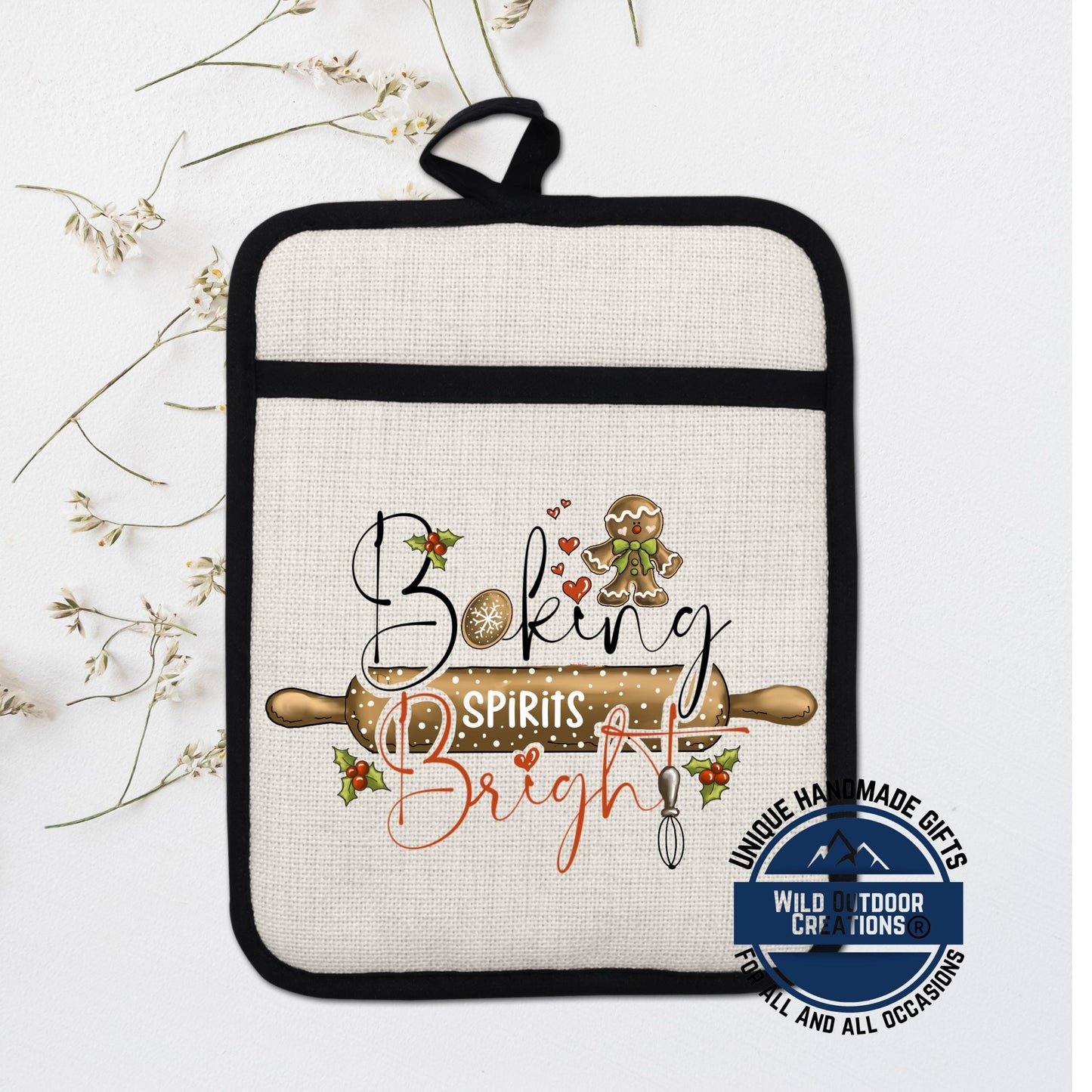 Baking Spirits Bright Christmas Pot Holder Linen Hot Pad Gingerbread Kitchen Gift