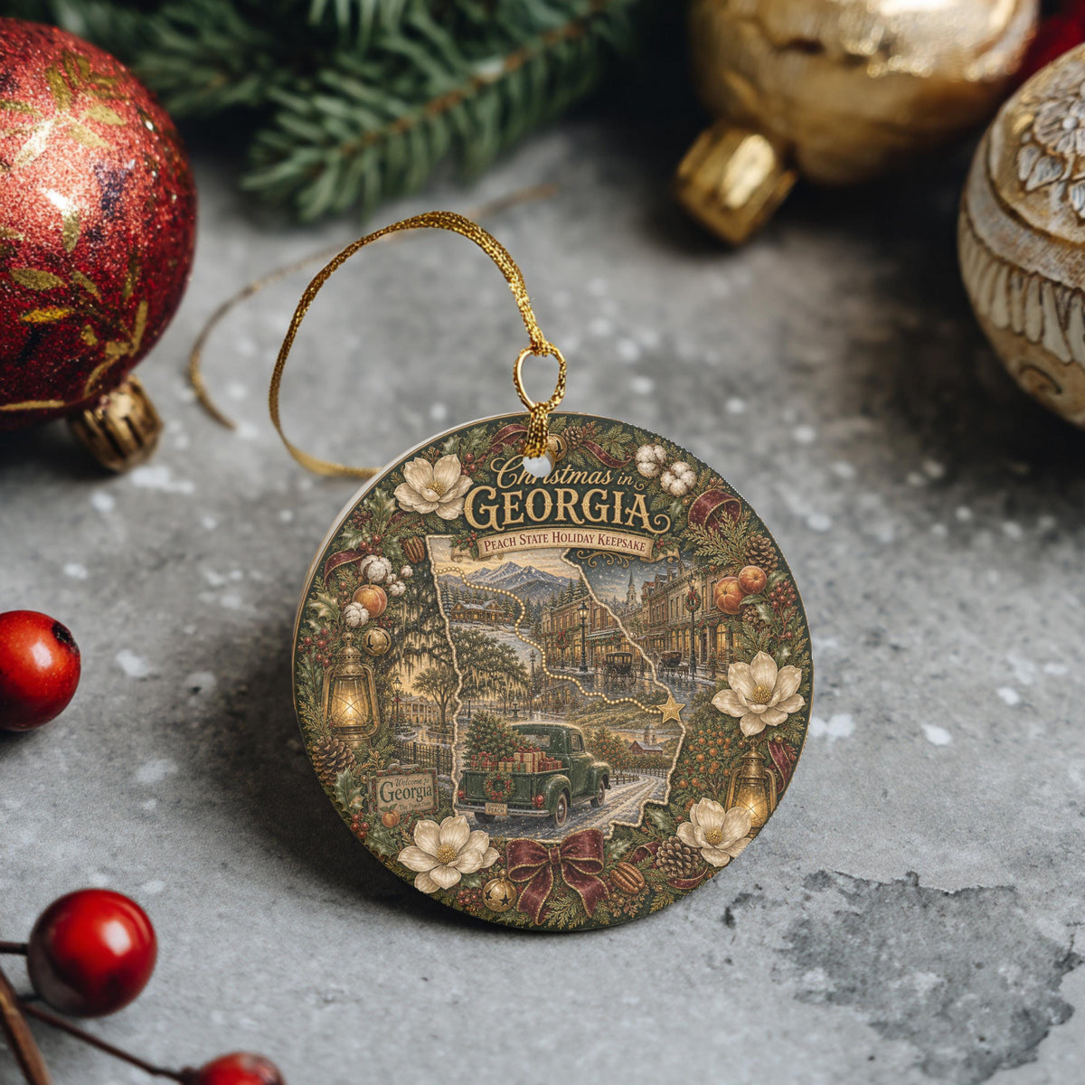 Georgia Christmas Ornament | 3 In Ceramic Keepsake, Vintage Truck