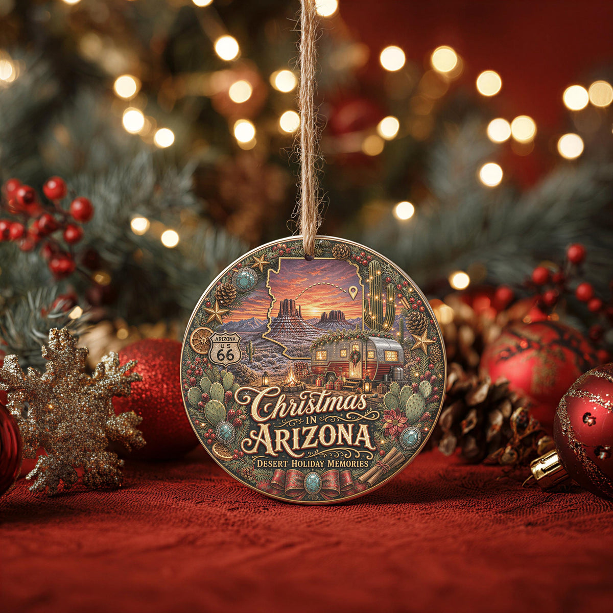 Arizona Christmas Ornament | Ceramic Keepsake | Desert Sunset Camper
