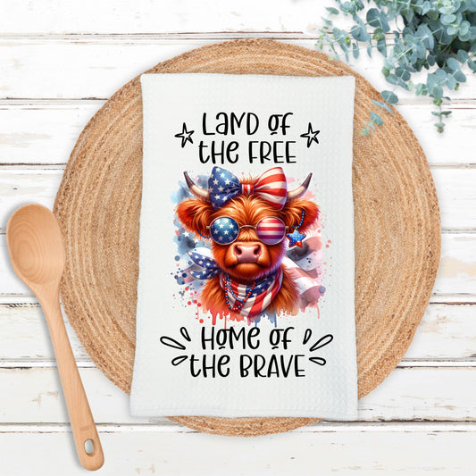 Patriotic Highland Cow Waffle Weave Towel - Unique Americana Kitchen Decor  Hostess Gift for 4th of July