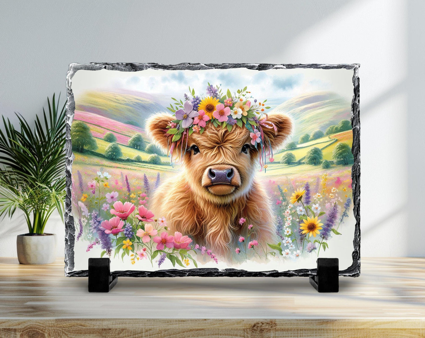 Highland Cow Slate Sign – Rustic Slate Plaque with Baby Calf Floral Headband