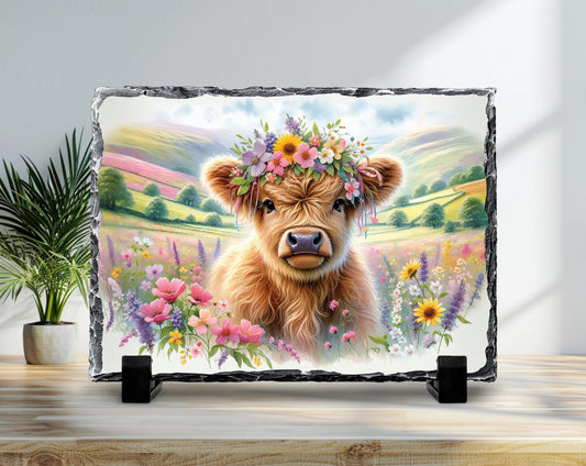 Highland Cow Slate Sign – Rustic Slate Plaque with Baby Calf Floral Headband