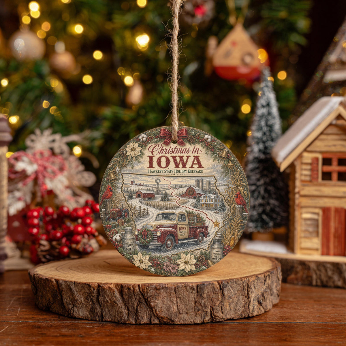 Iowa Christmas Ornament, Vintage Truck Cardinal Ceramic Keepsake