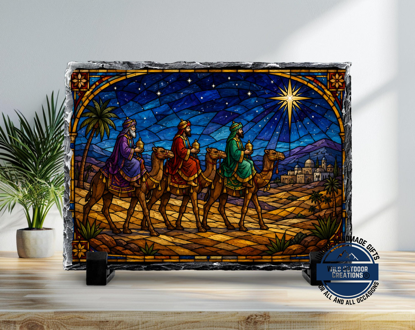 Three Wise Men Faux Stained Glass Slate Plaque, Christmas Nativity Decor, Religious Gift