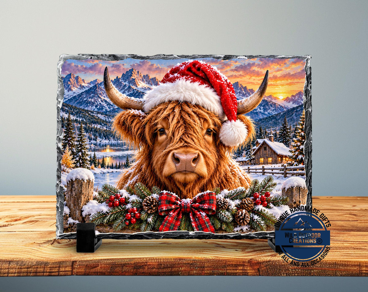 Highland Cow Christmas Slate Plaque, Rustic Farmhouse Holiday Decor, Cow Lover Gift