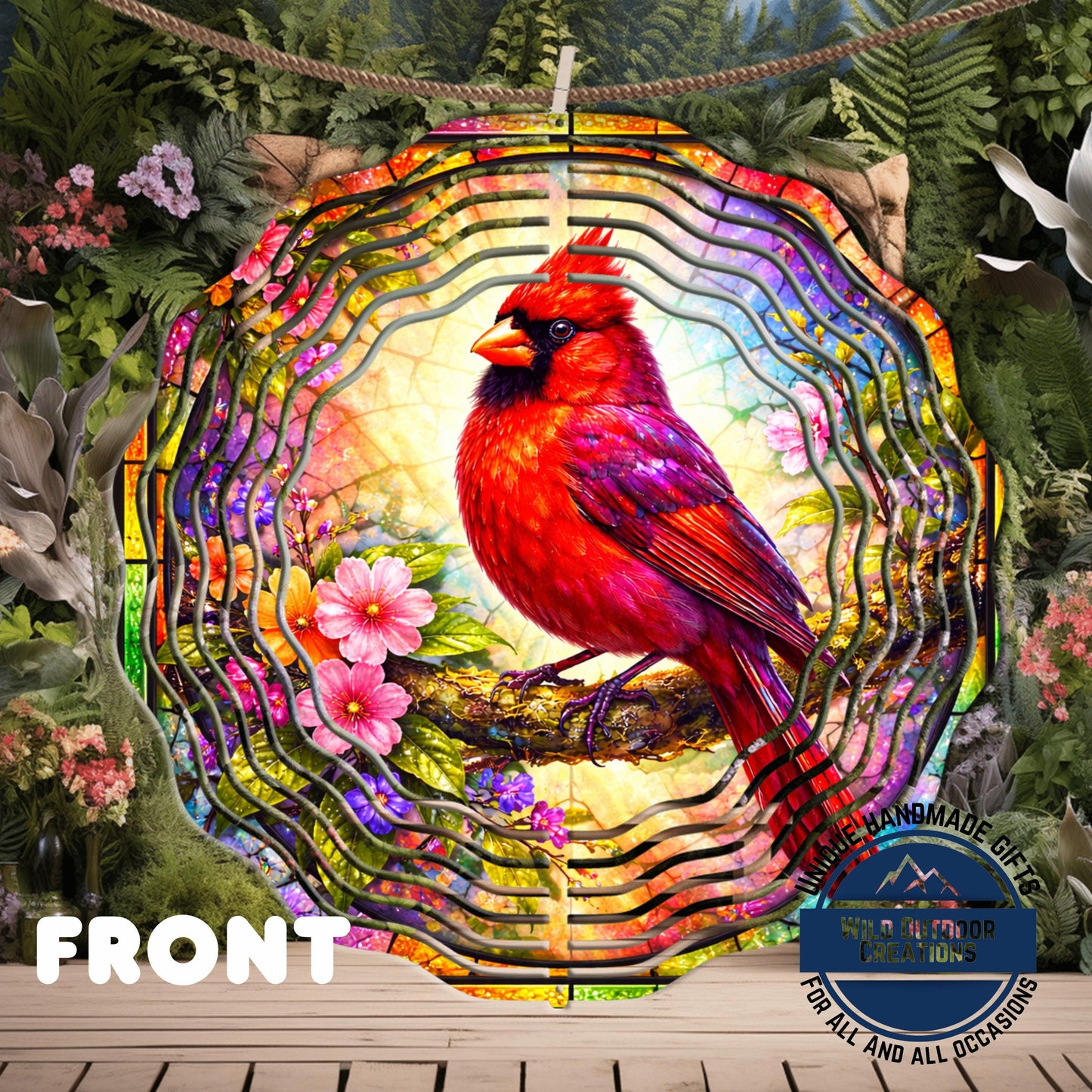Cardinal Wind Spinner - 10 Inch Aluminum Outdoor Garden Decor With Pink Yellow Flowers - additional product photo 11