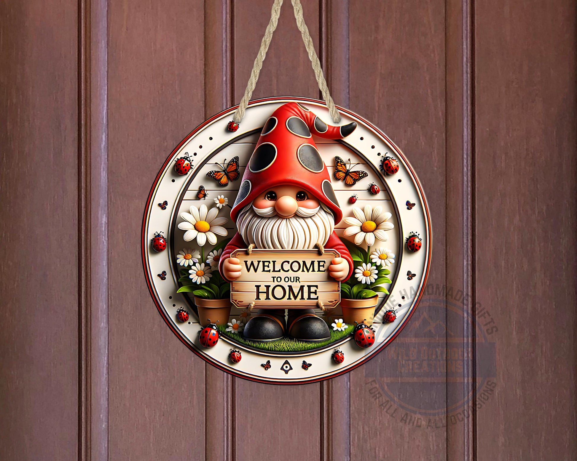 Welcome Gnome Door Hanger - Red Hat Gnome with Daisy & Ladybug Accents - displayed on front door