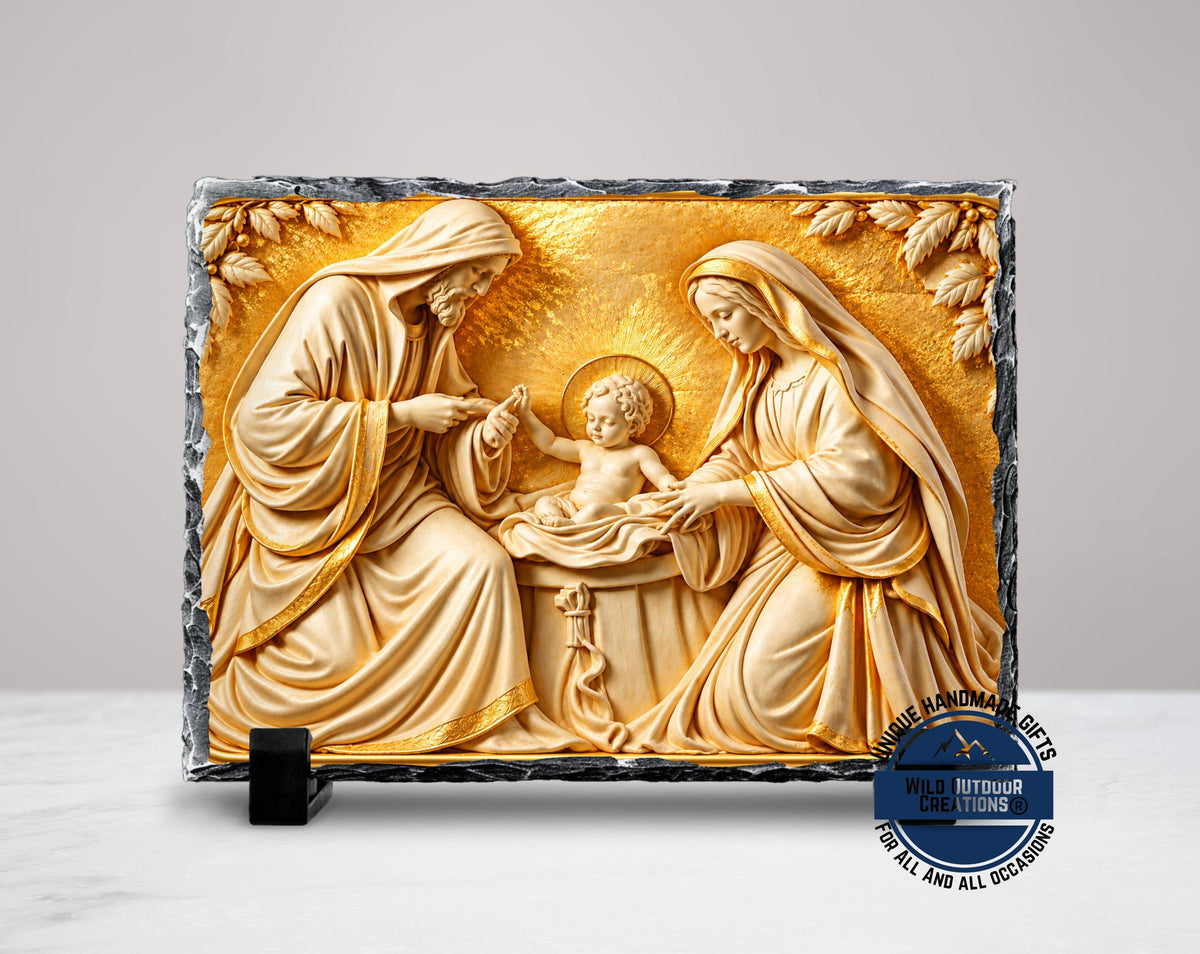 Holy Family Slate Plaque, Gold Nativity Art, Christian Catholic Religious Gift Decor