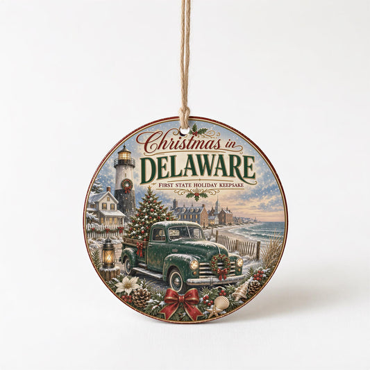 Delaware Christmas Ornament, Coastal Lighthouse Vintage Truck Art