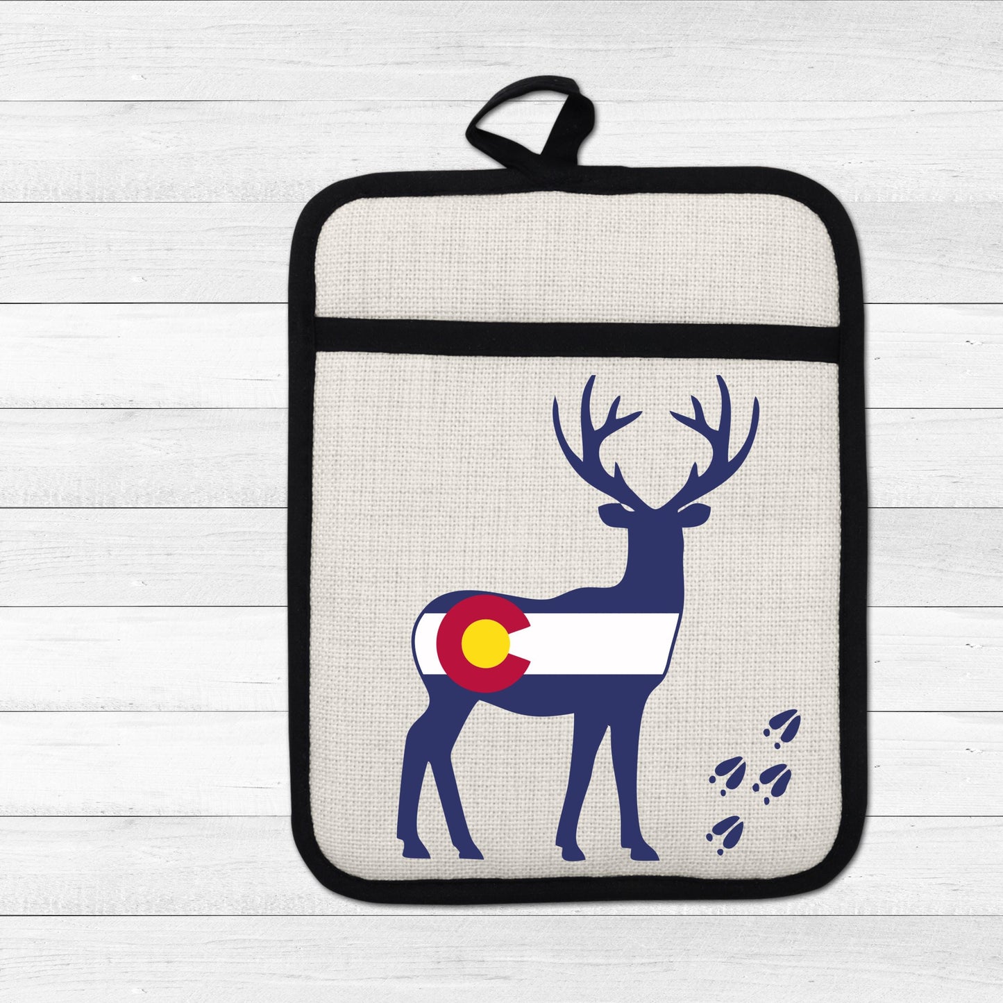 Colorado Deer Pot Holder - Linen Fabric, Silicone Back Trivet with Pocket Grip - gift presentation view