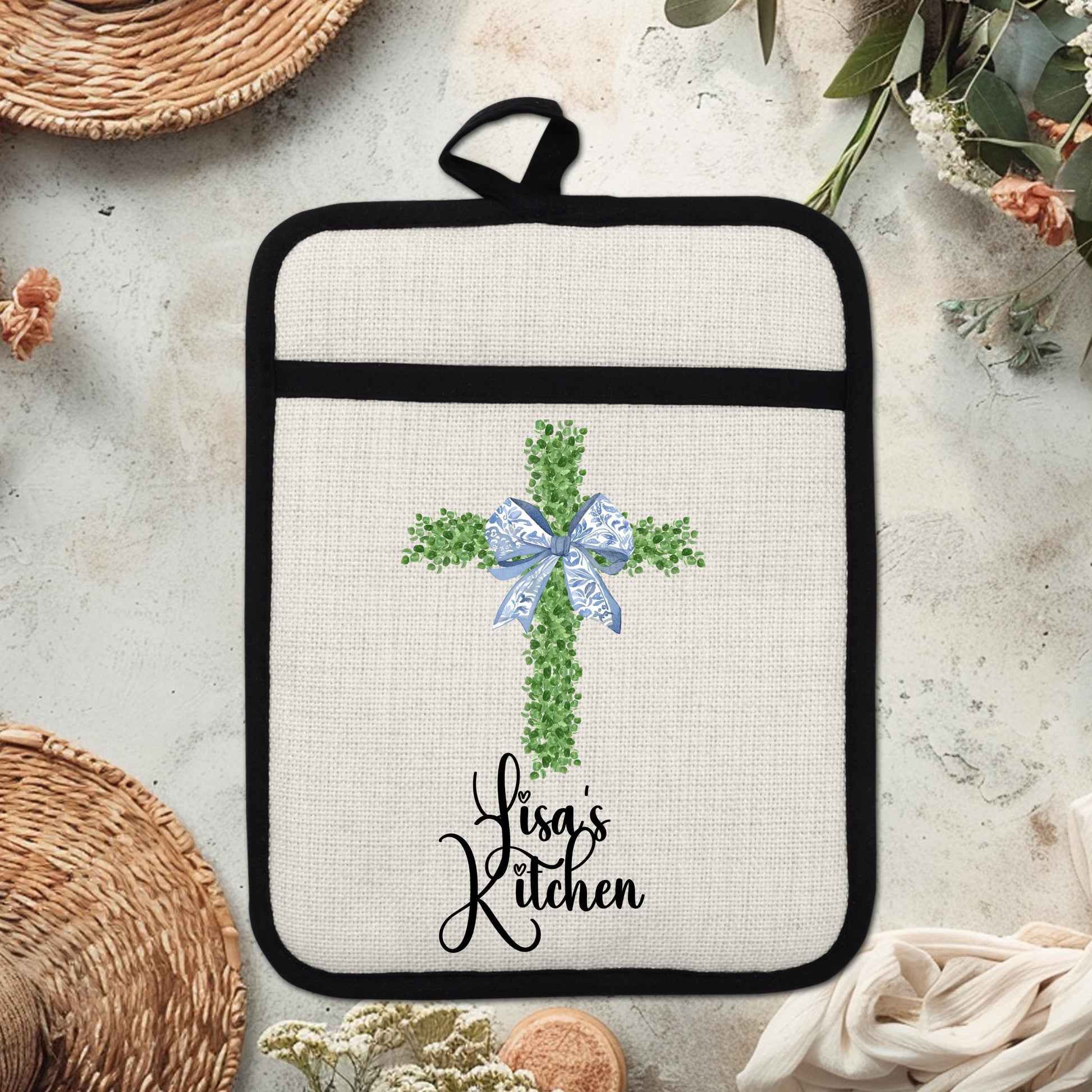 Personalized Christian Pot Holder - Custom Name Floral Cross Kitchen Gift - packaging and presentation
