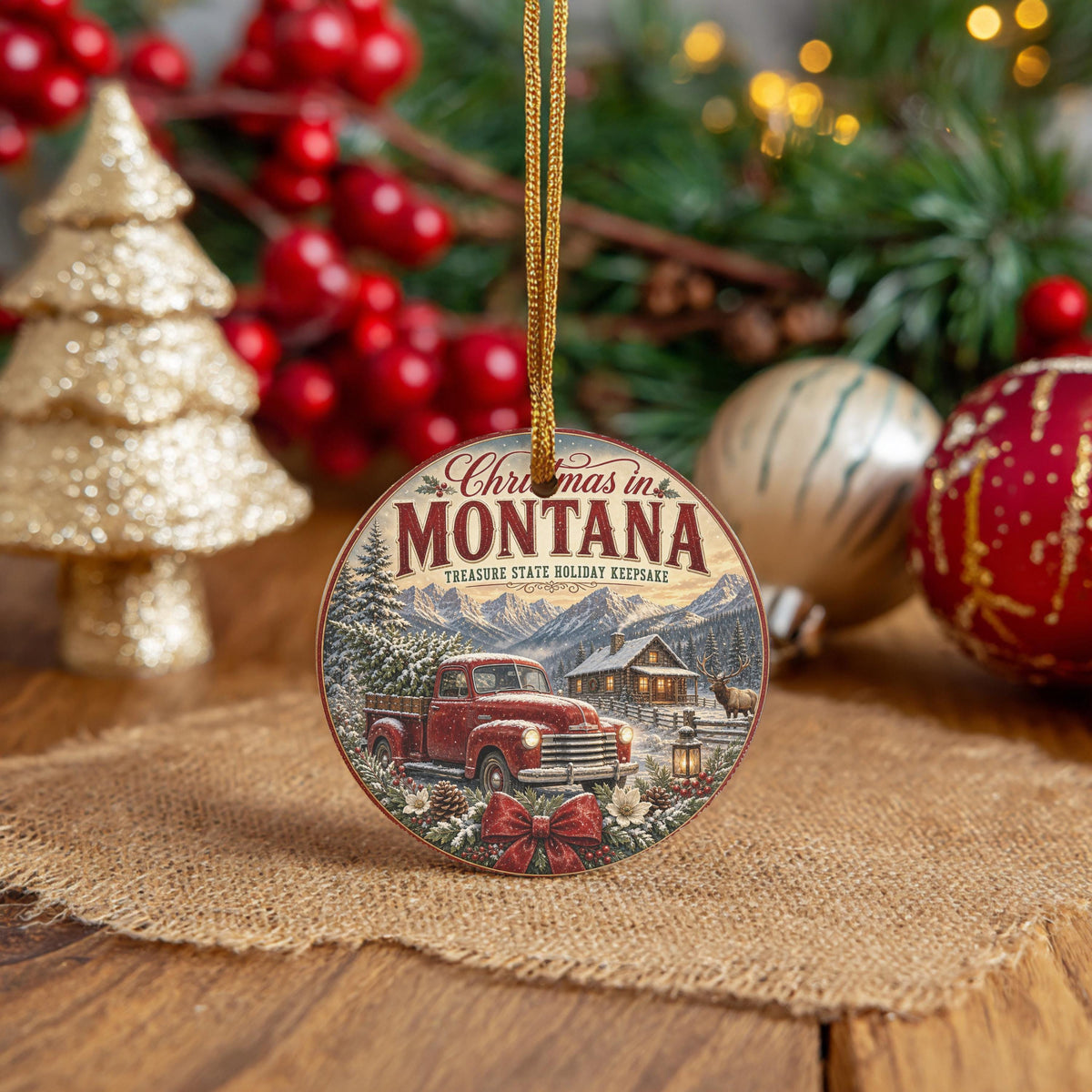 Montana Christmas Ornament, Rustic Cabin Scene | Ceramic, 3 Inch