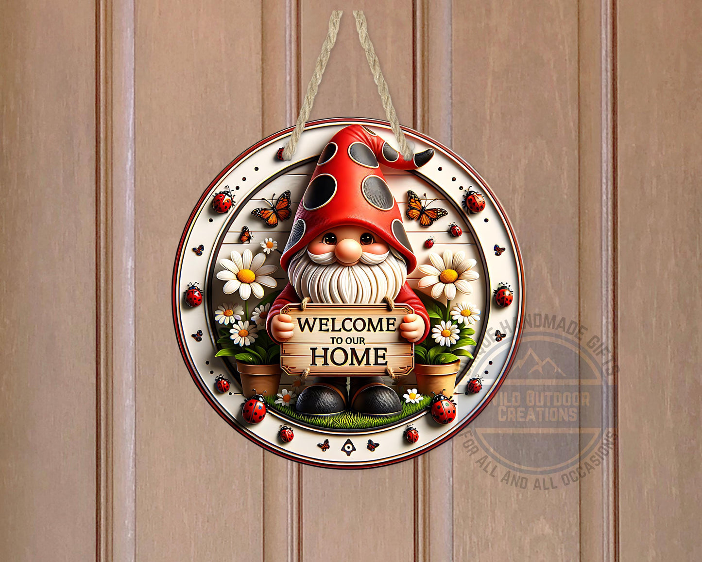 Welcome Gnome Door Hanger - Red Hat Gnome with Daisy & Ladybug Accents - product dimensions and specifications