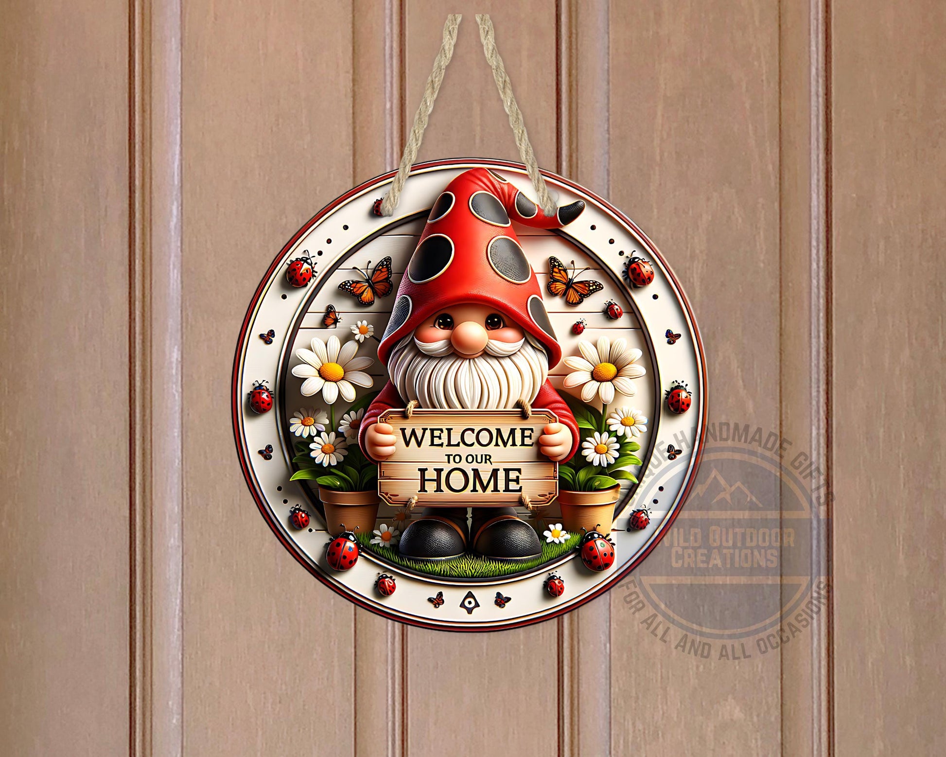Welcome Gnome Door Hanger - Red Hat Gnome with Daisy & Ladybug Accents - product dimensions and specifications