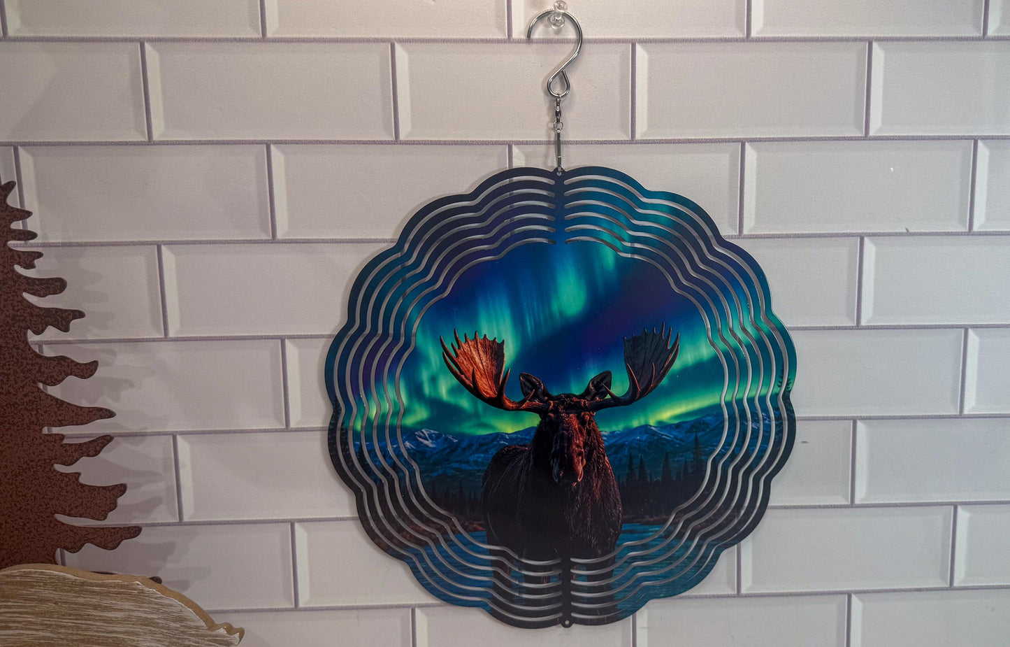 Northern Lights Moose | 10 Inch Wind Spinner - Wildlife Garden Decor | Indoor Outdoor Accent