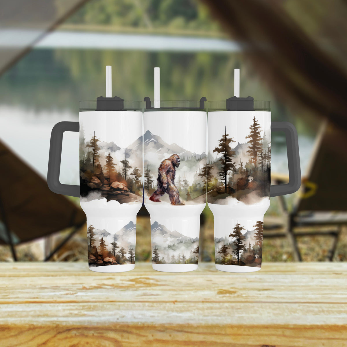 Bigfoot Tumbler, 40 Oz Handle Cup, Misty Forest Sasquatch Gift