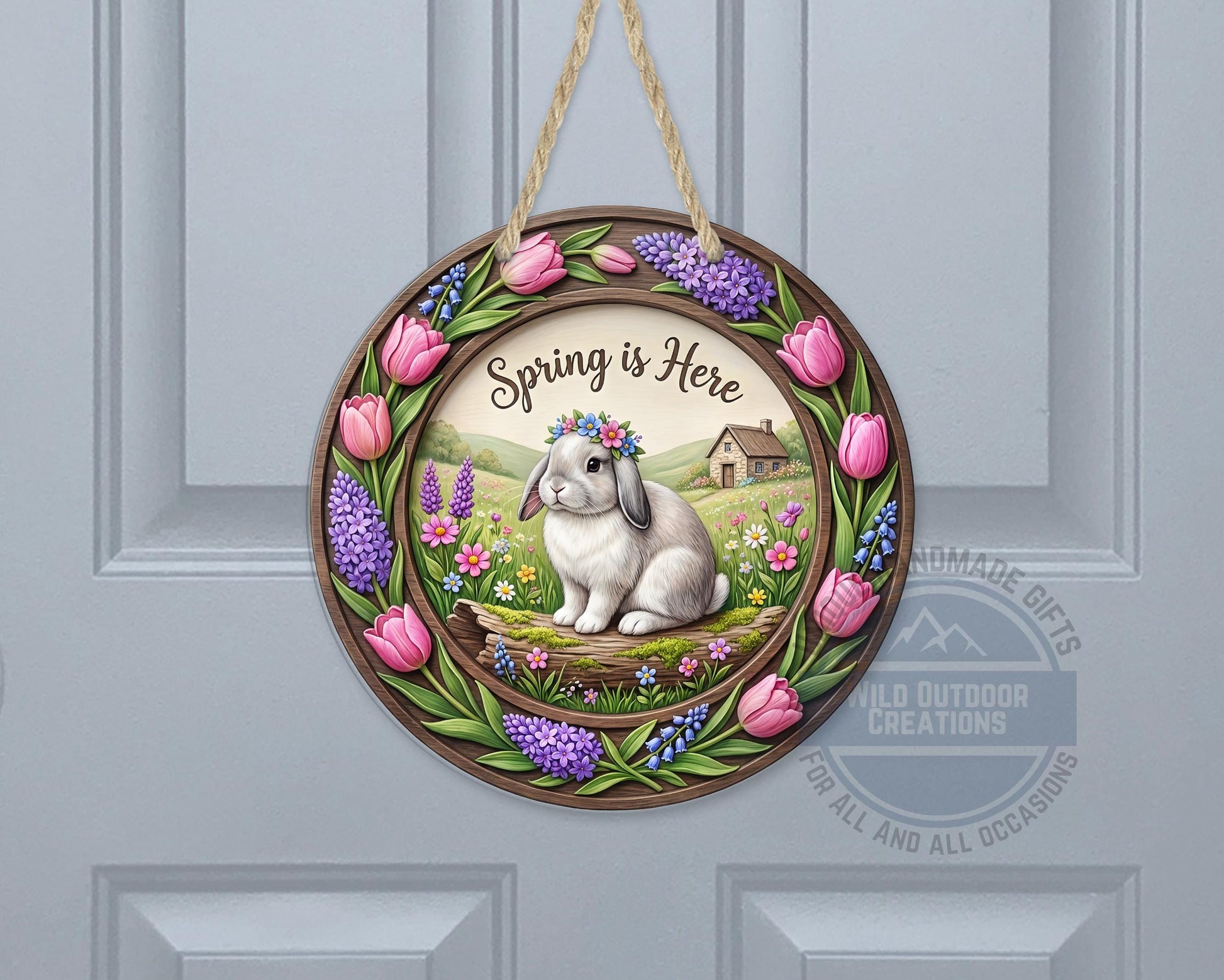 Spring Door Hanger – Round Aluminum Bunny Spring Sign with Tulip Decor