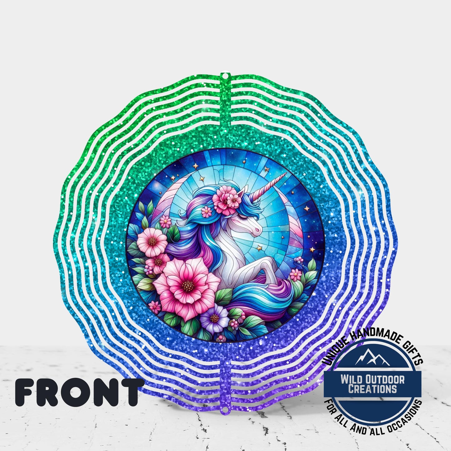 Unicorn Wind Spinner - Double Sided Glitter Ombre 10 Inch Outdoor Decor - gift presentation view