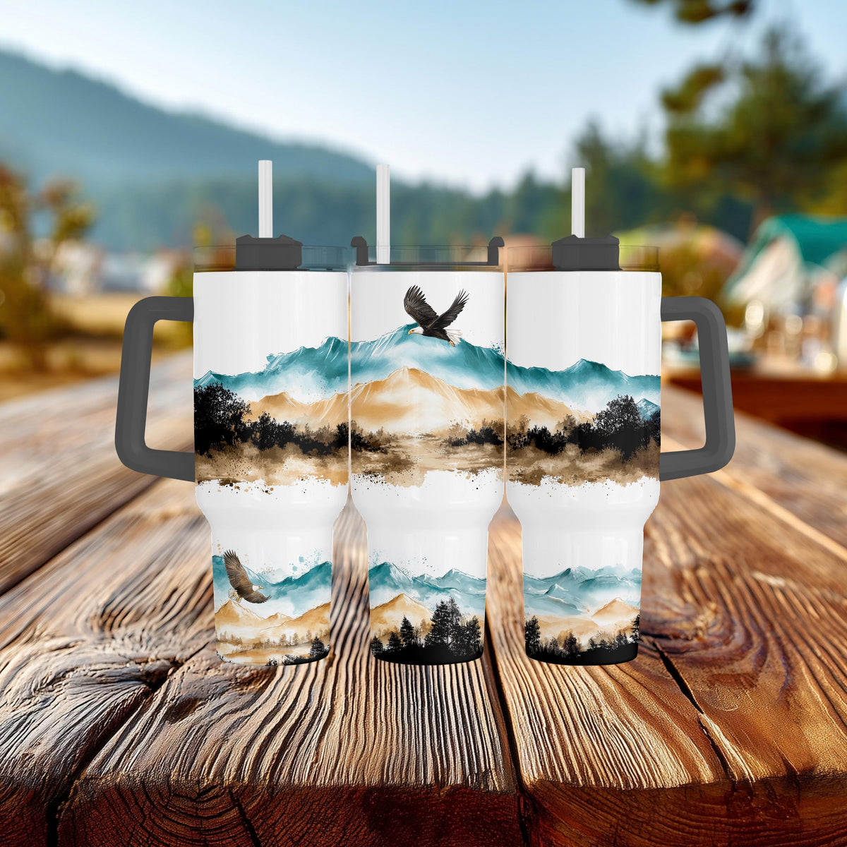 40 Oz Tumbler, Bald Eagle Teal Mountain Watercolor With Handle