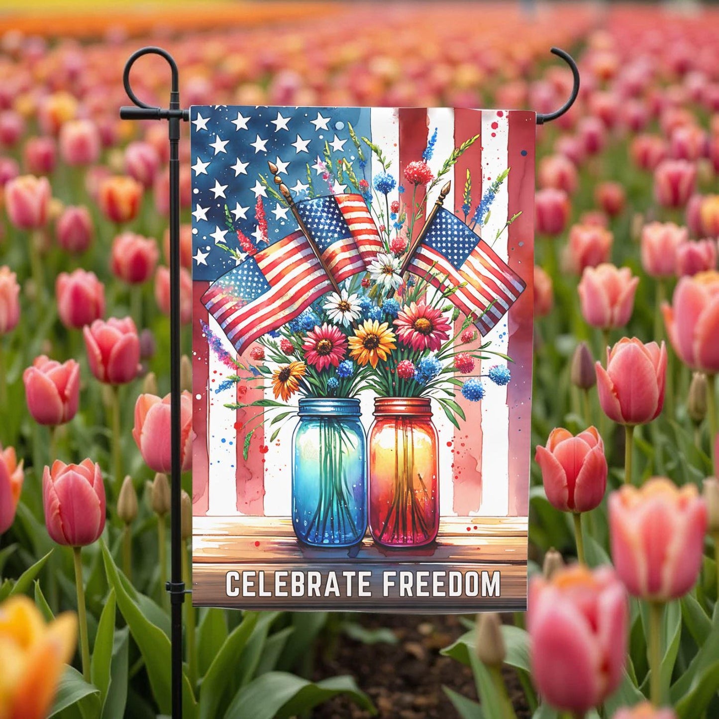 Patriotic Garden Flag – Mason Jar Flowers Floral American 12x18 Outdoor Decor