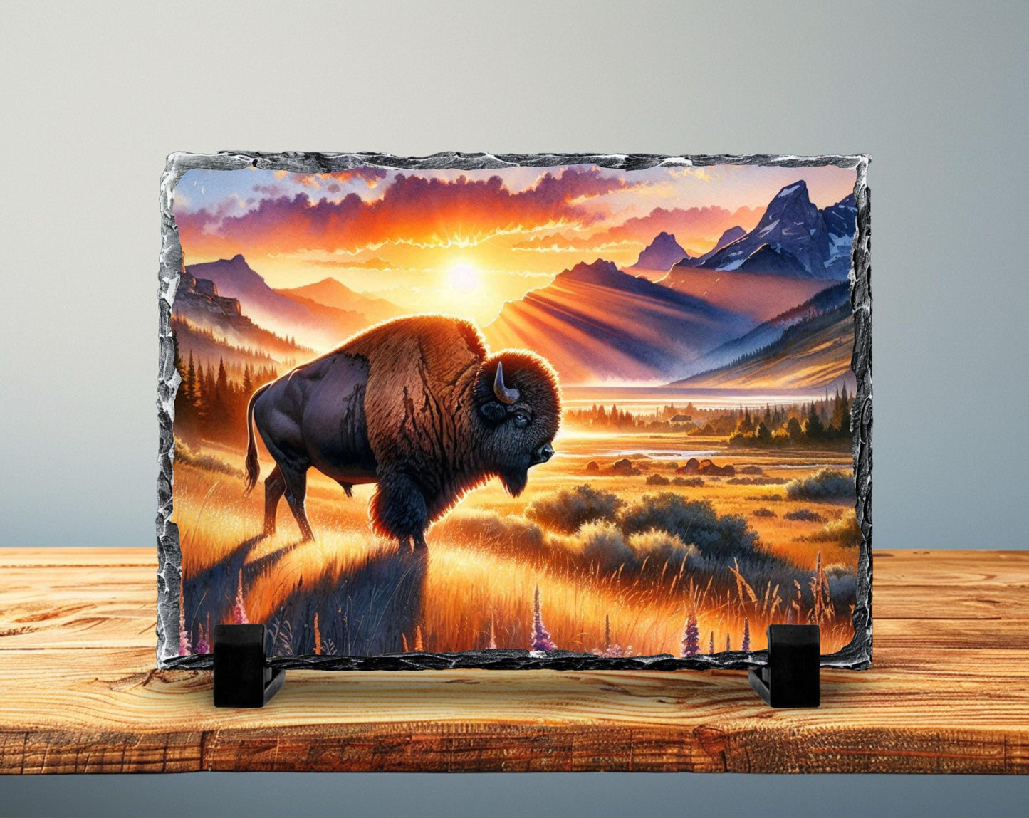 Bison Sunset Slate Sign – Rustic Buffalo Mountain Art With Fade Resistant Printing - alternate view