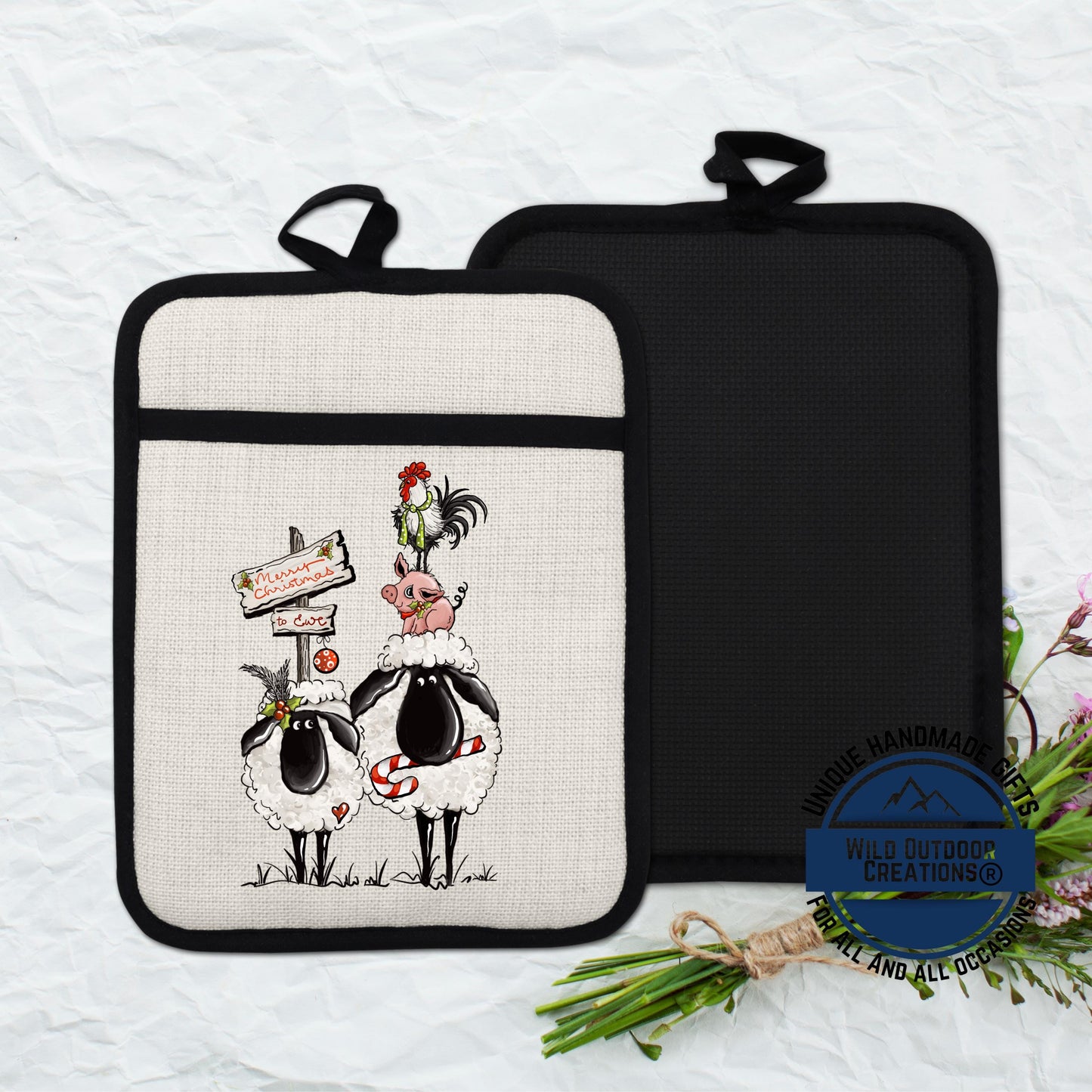 Sheep Pot Holder Linen Hot Pad Merry Christmas Ewe Funny Farmhouse Kitchen Gift