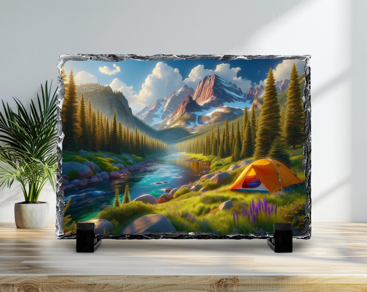 Mountain Camping Plaque - Rustic Slate Art With River And Tent Artwork - alternate view