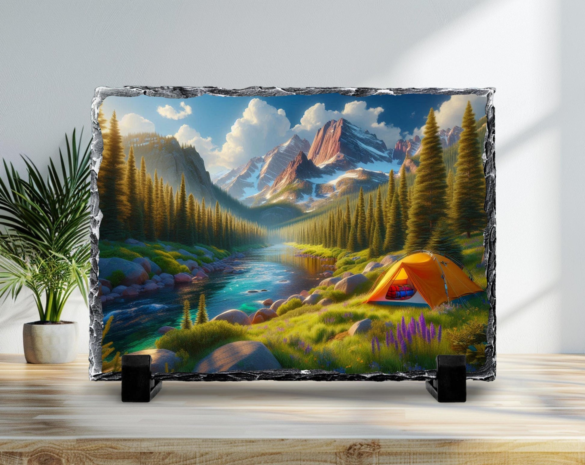 Mountain Camping Plaque - Rustic Slate Art With River And Tent Artwork - alternate view