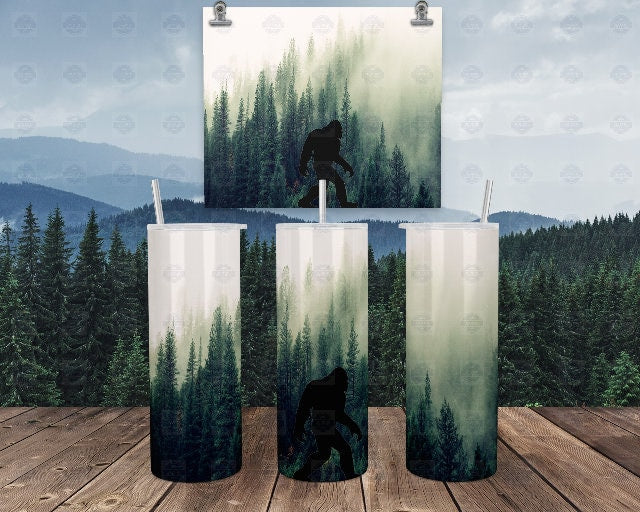 Bigfoot Tumbler Cup, Green Forest Fog Scene, 20Oz Stainless Steel