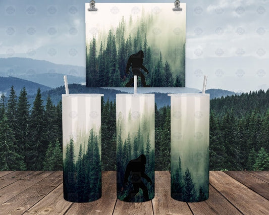 Bigfoot Tumbler Cup, Green Forest Fog Scene, 20Oz Stainless Steel
