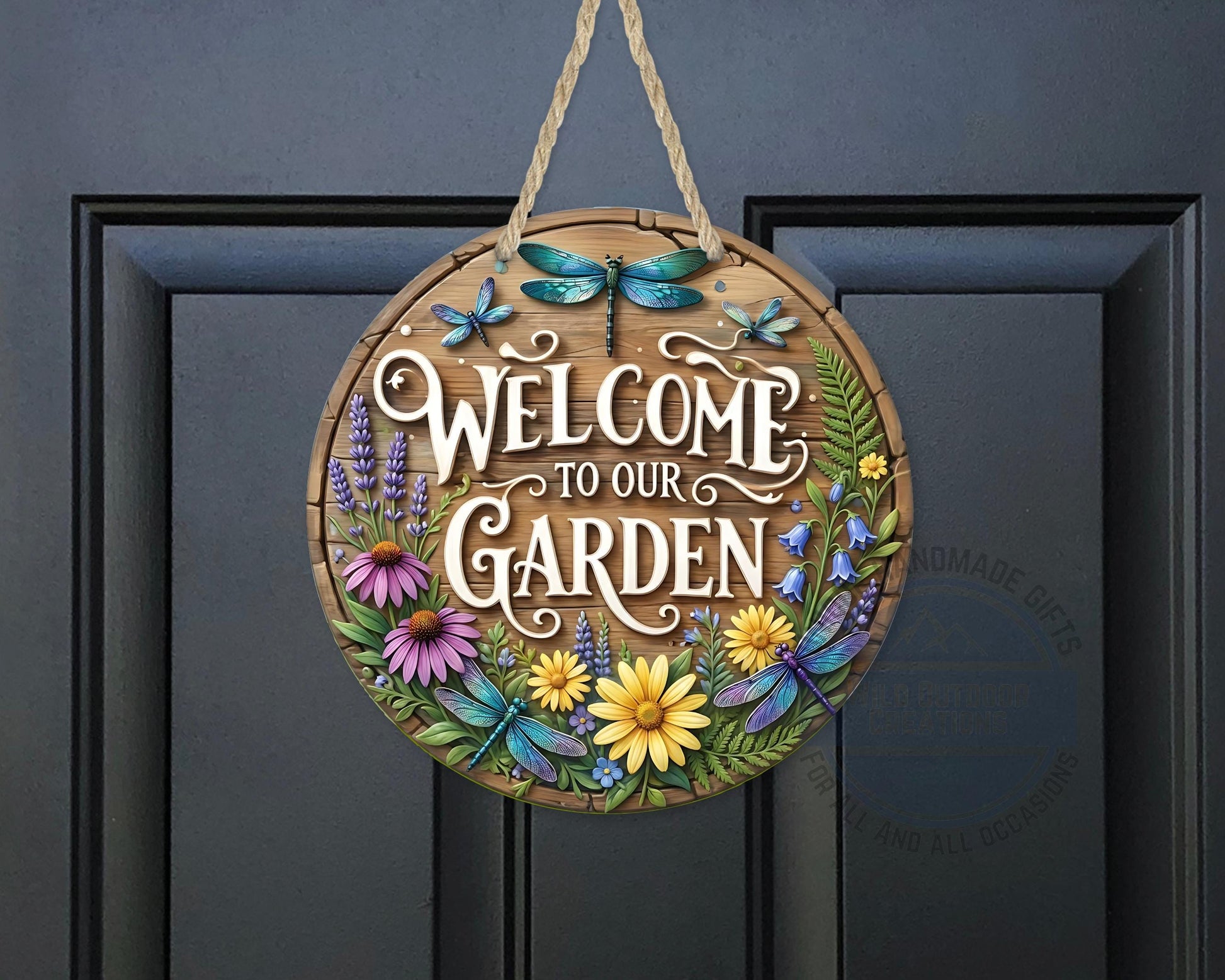 Welcome Garden Sign – Round Garden Door Hanger with Dragonfly & Rustic Decor - additional product photo 10