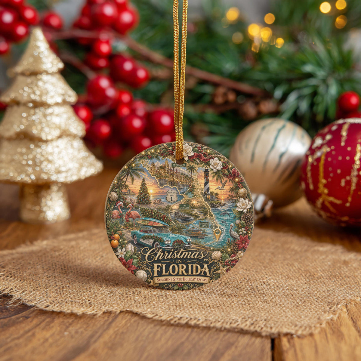 Florida Christmas Ornament, Vintage Ceramic Keepsake | 3 Inch Round