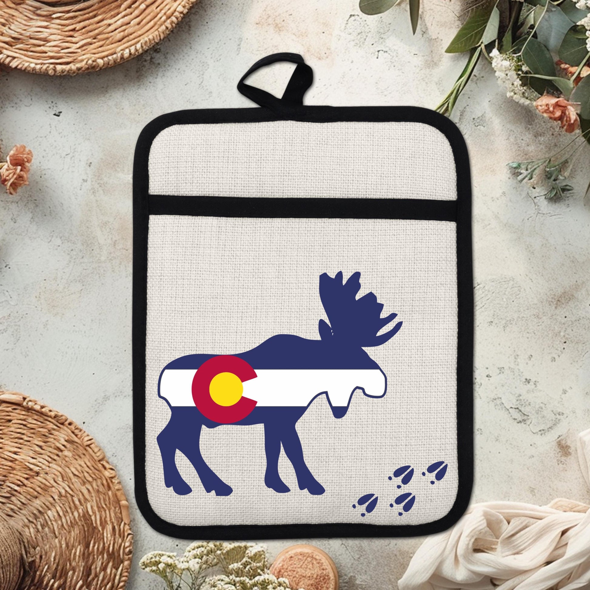 Colorado Moose Pot Holder - Heat Resistant Trivet with Silicone Back & Linen Fabric Front - packaging and presentation