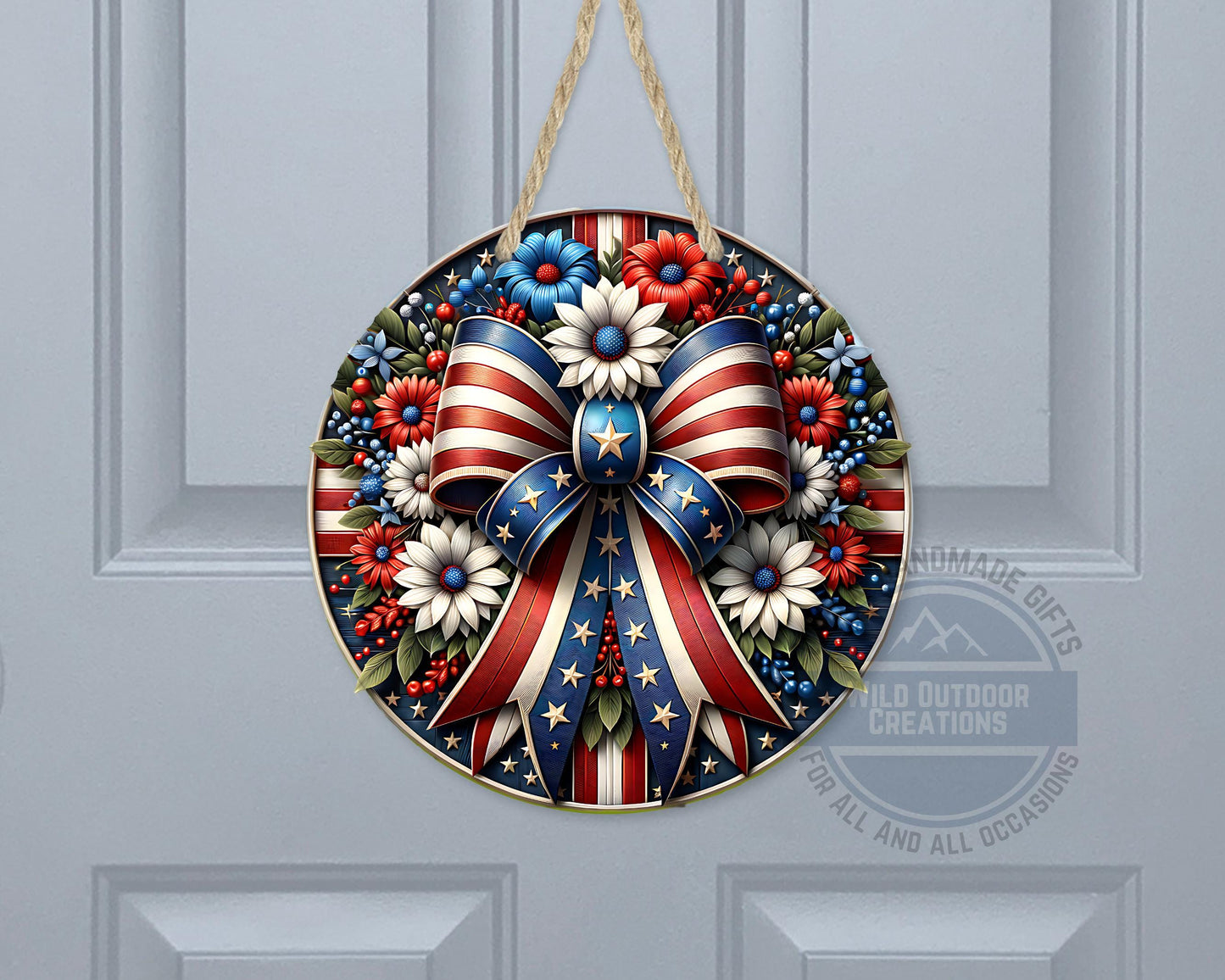 Patriotic Door Hanger – Aluminum Door Sign with American Flag Bow & Floral Design - gift presentation view