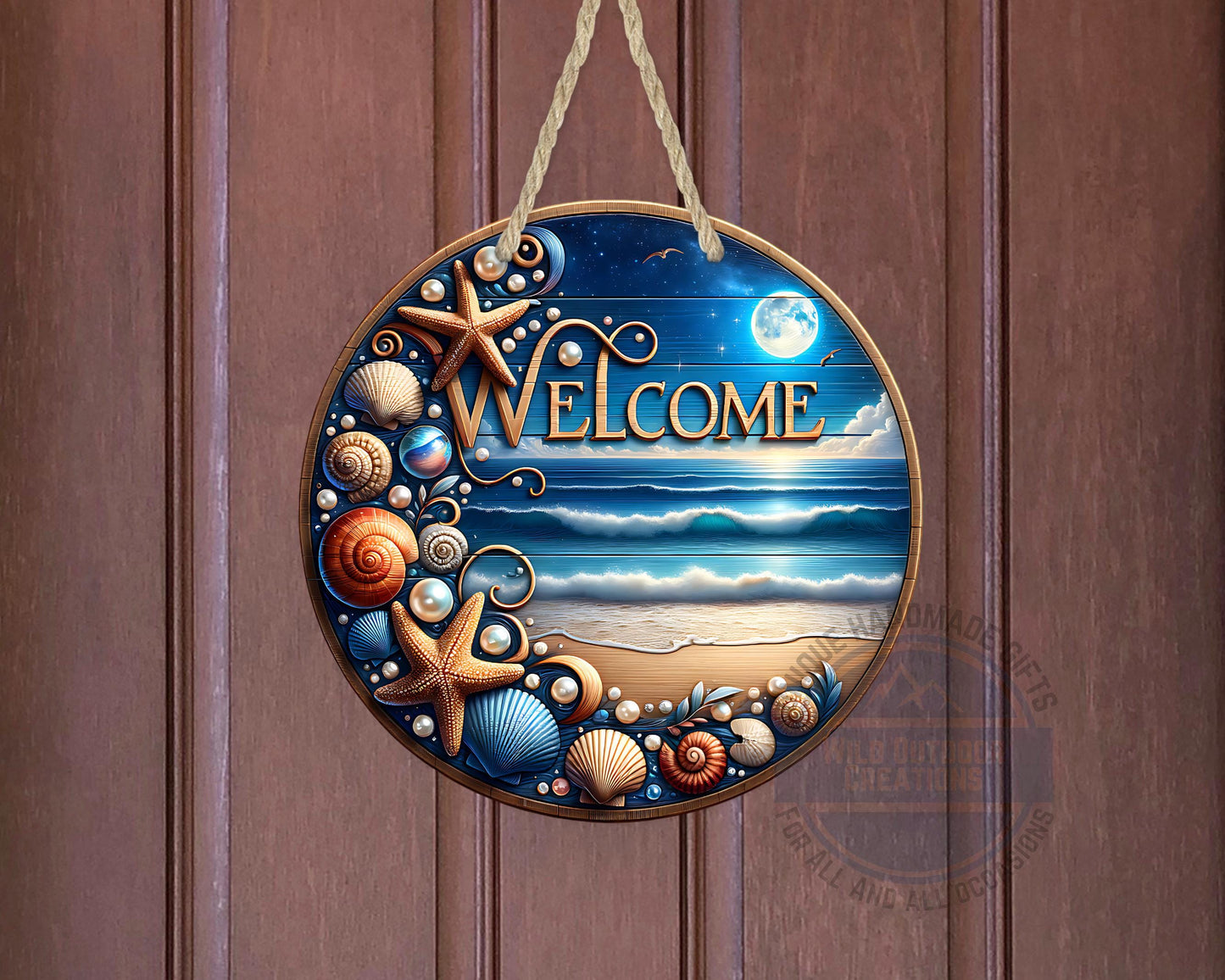 Coastal Door Sign – Nighttime Ocean View | Weather-Resistant Aluminum Outdoor Welcome - detail view
