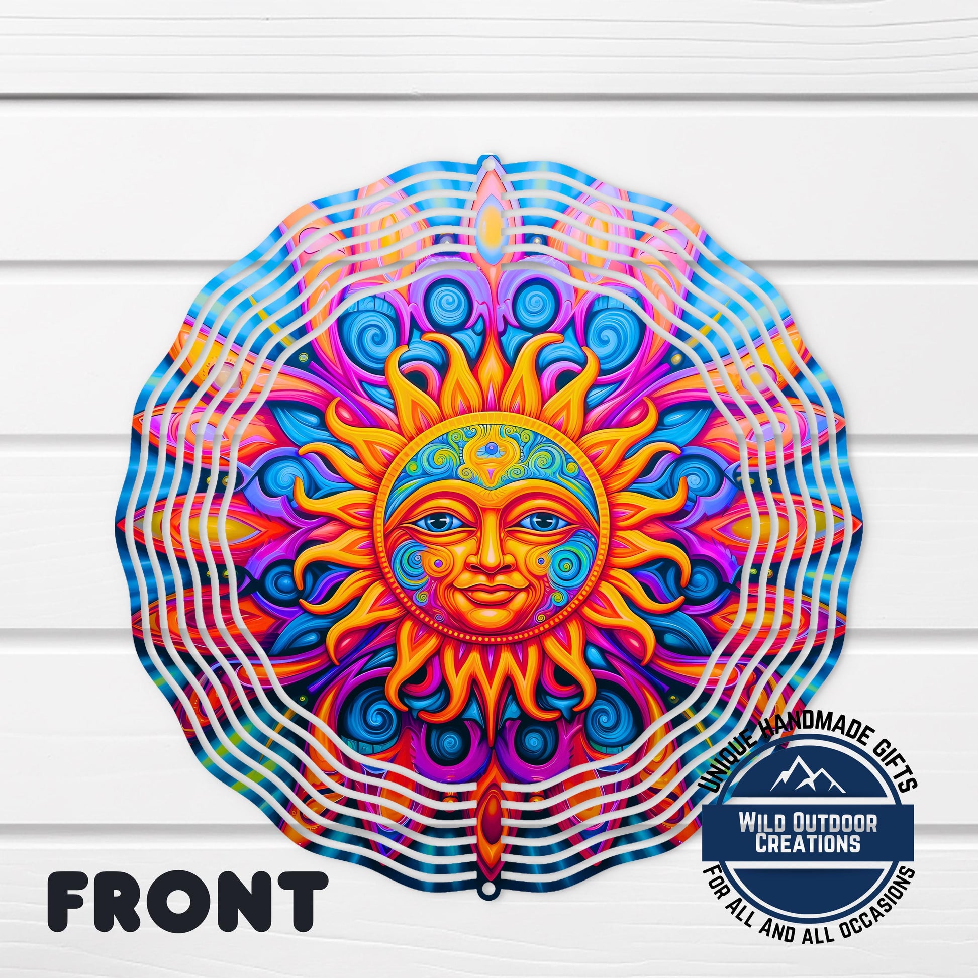 Sun Wind Spinner - Neon Boho Garden Decor | Vibrant Aluminum Outdoor Ornament - shown spinning in outdoor garden setting