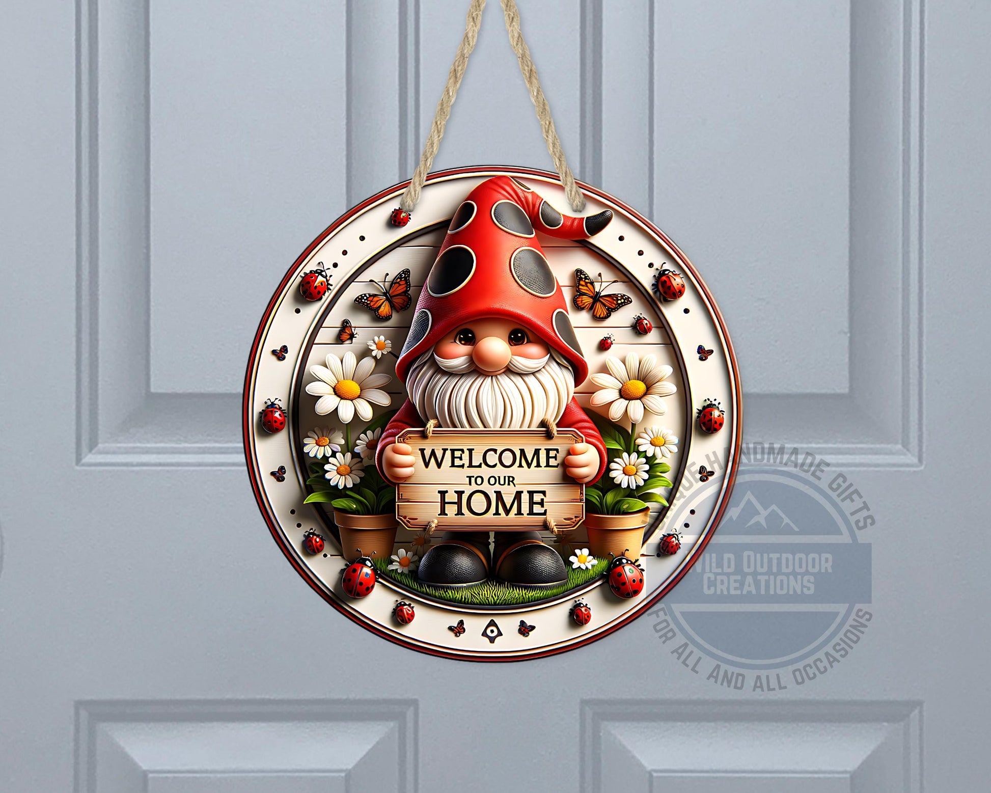 Welcome Gnome Door Hanger - Red Hat Gnome with Daisy & Ladybug Accents - additional product photo 10