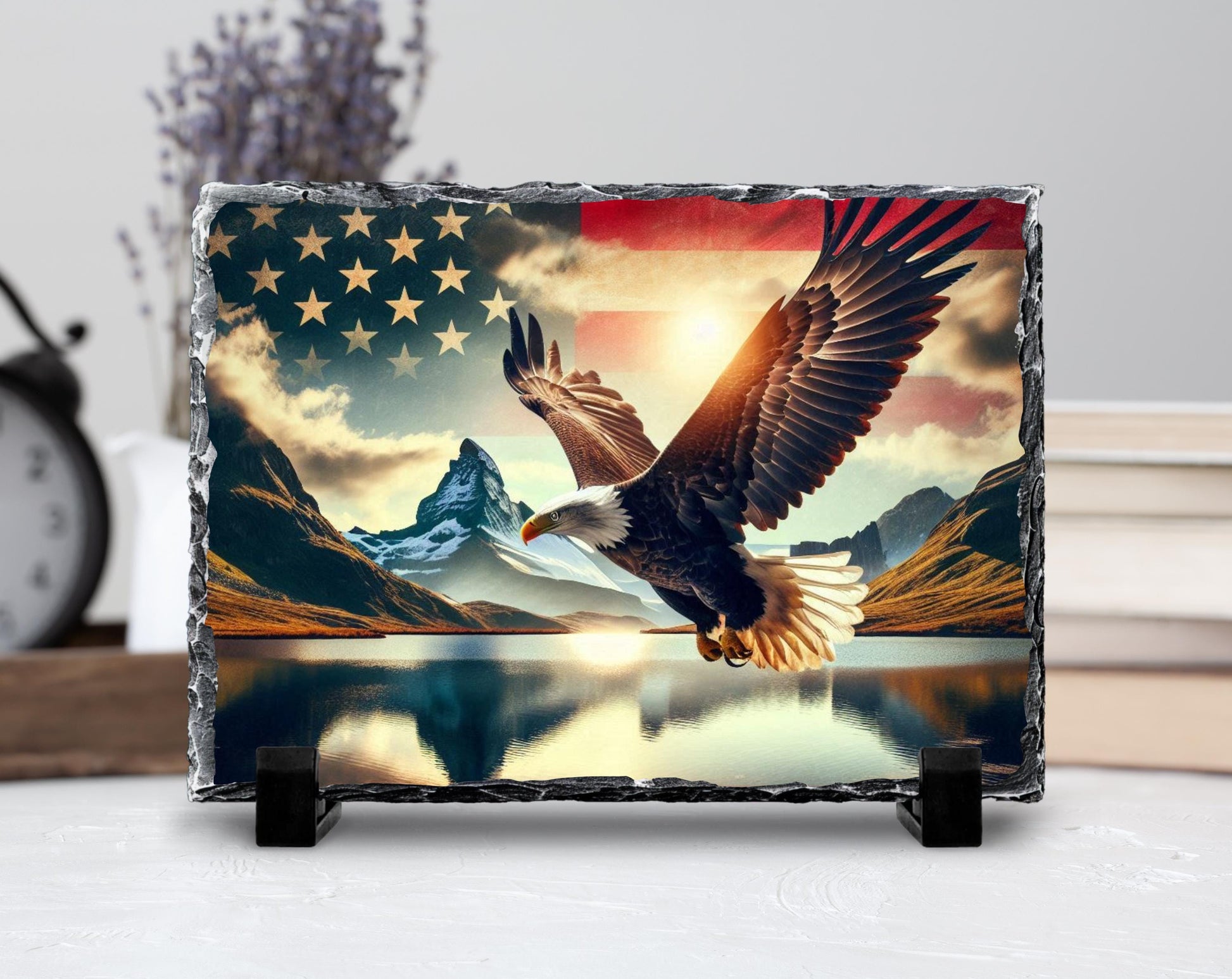 Patriotic Slate Sign - Bald Eagle Decor With American Flag Art & Mountain Lake - product dimensions and specifications