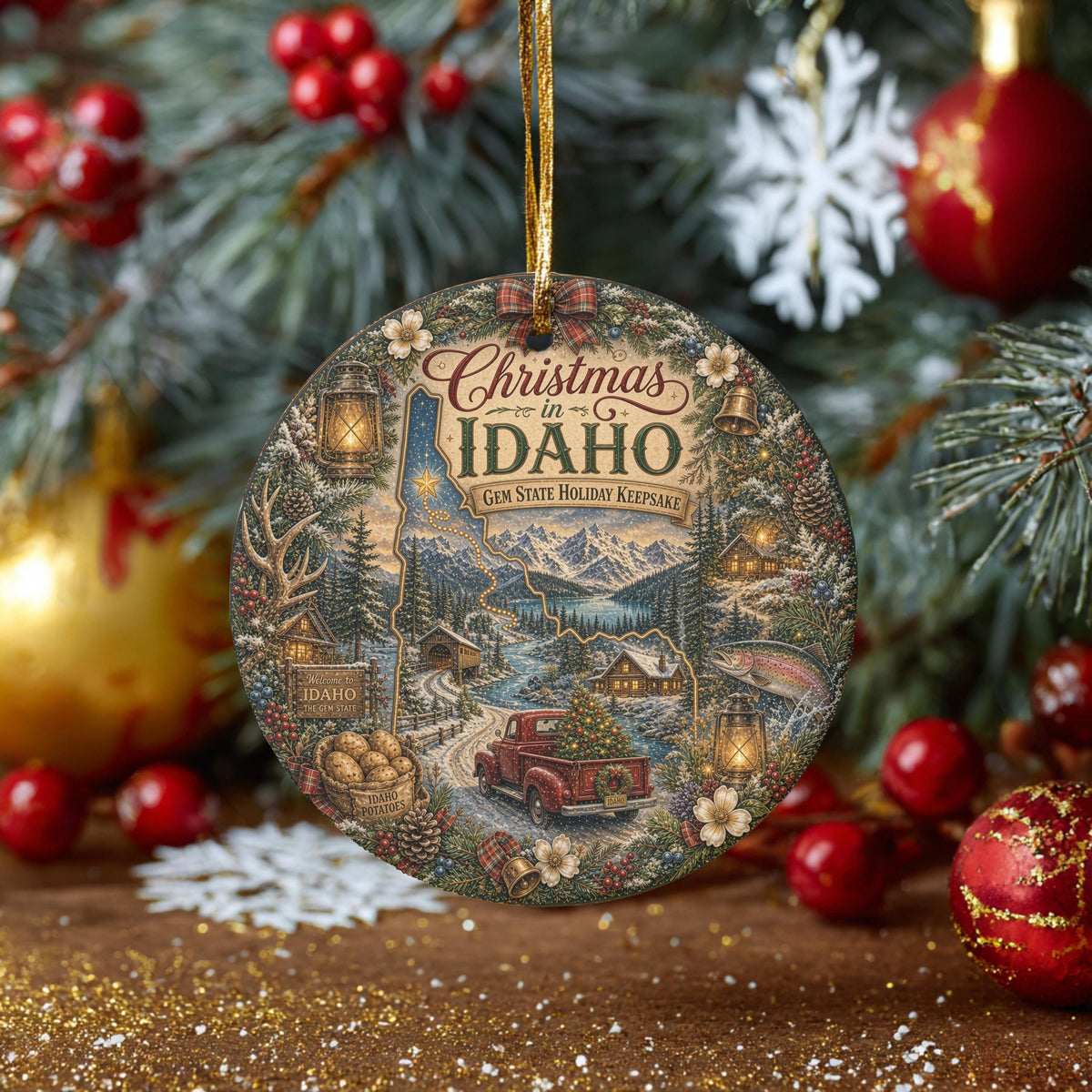Idaho Ornament, Vintage Truck Ceramic Keepsake, Snowy Cabin Gift