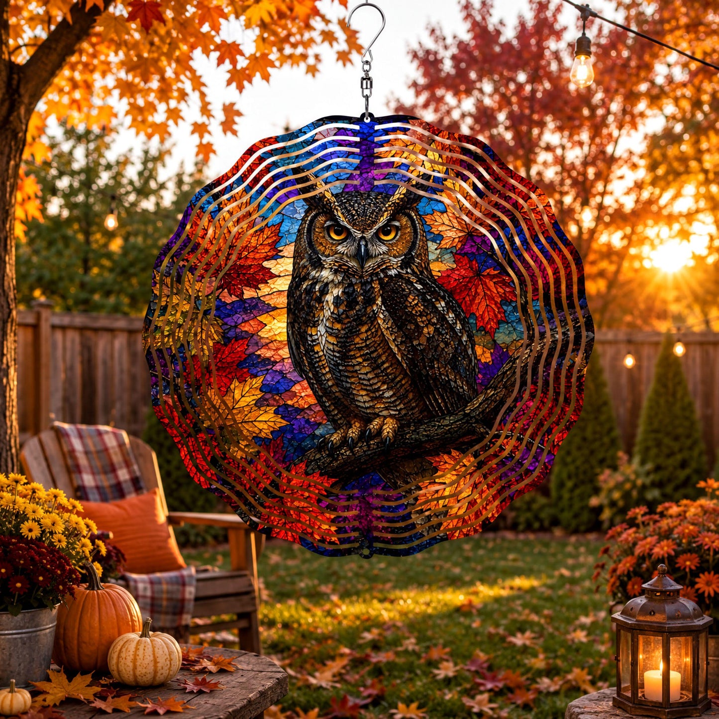 Great Horned Owl Faux Stained Glass Wind Spinner Fall Autumn Leaves Garden