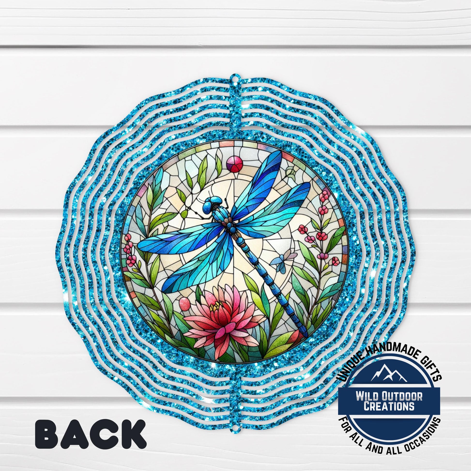 Dragonfly Wind Spinner - Vibrant Faux Glitter Stained Glass Garden Decor - alternate view