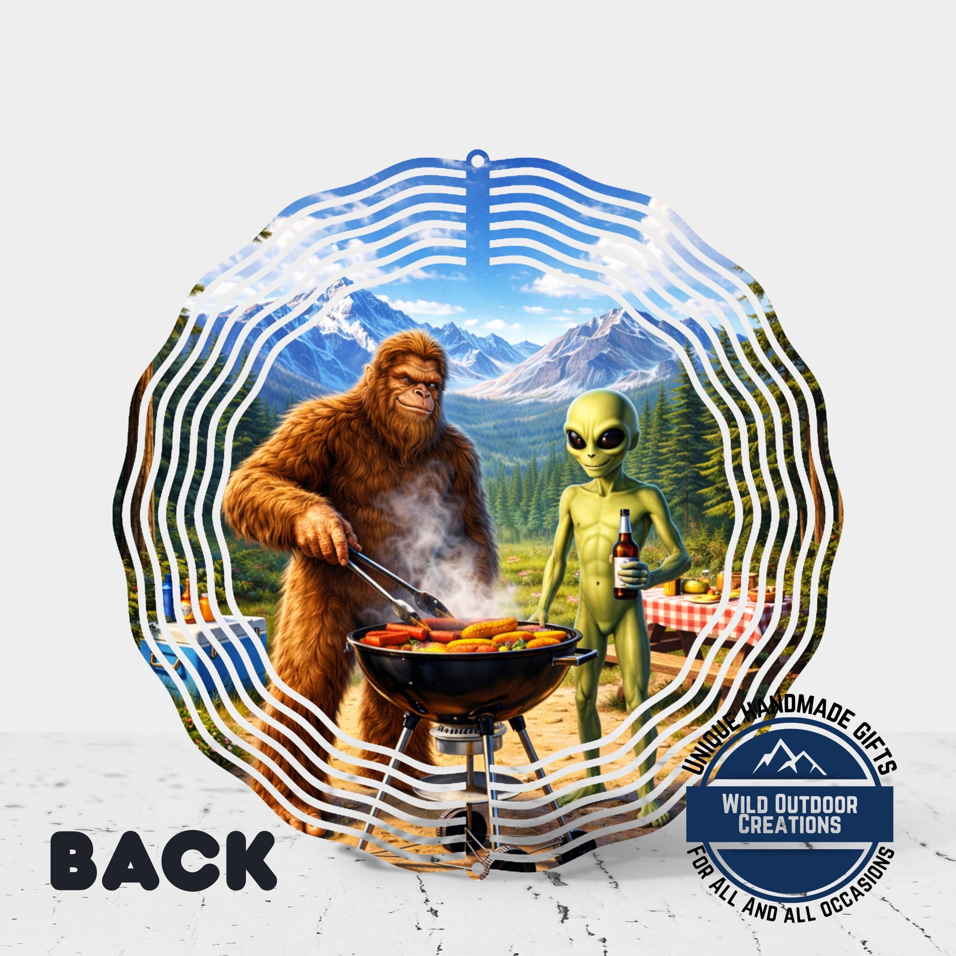 The image is a collage featuring a large brown gorilla cooking on a grill and a green alien holding a bottle, set against a mountainous landscape.
