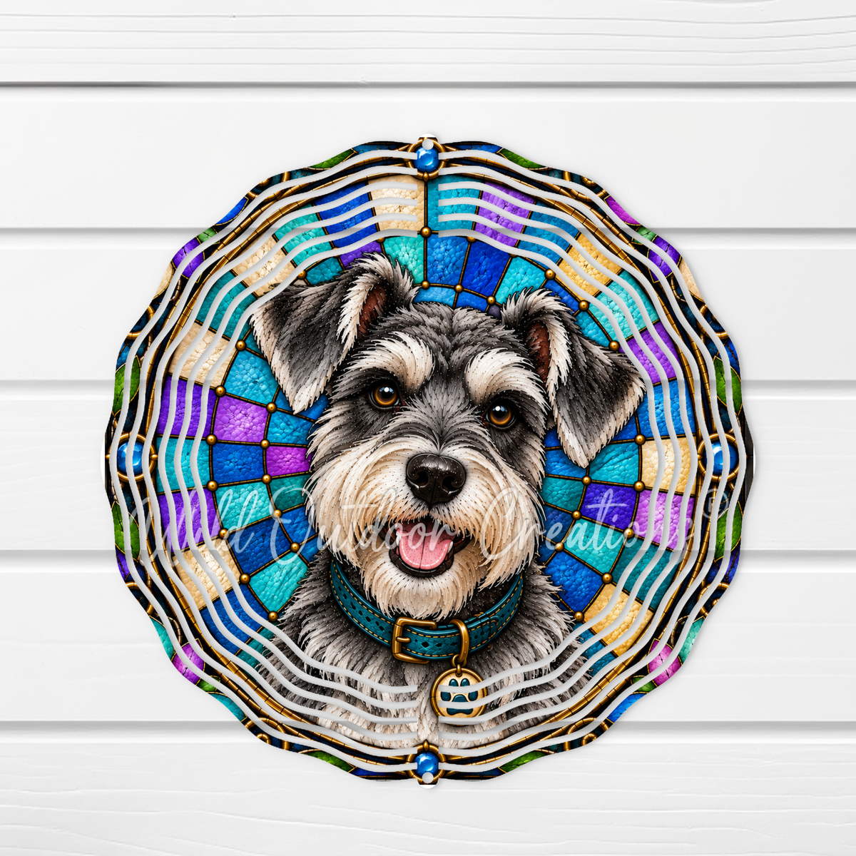 A close-up portrait of a gray and white dog with a blue collar, set against a colorful, abstract background.