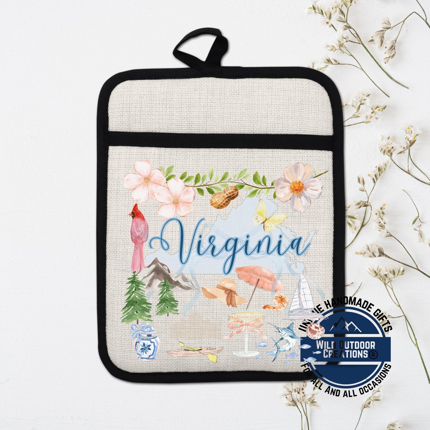 Virginia Pot Holder – Linen Kitchen Accessory With Cardinal Watercolor Design - packaging and presentation