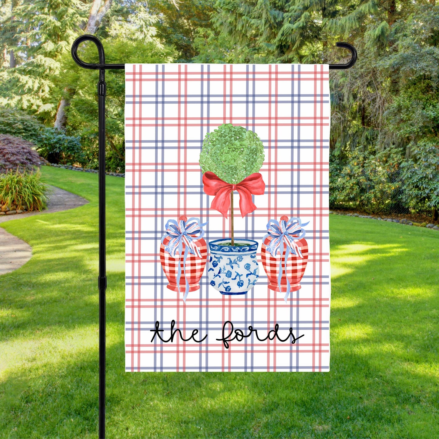 Custom 4th of July Garden Flag - Preppy Chinoiserie Topiary Design for Housewarming Gifts