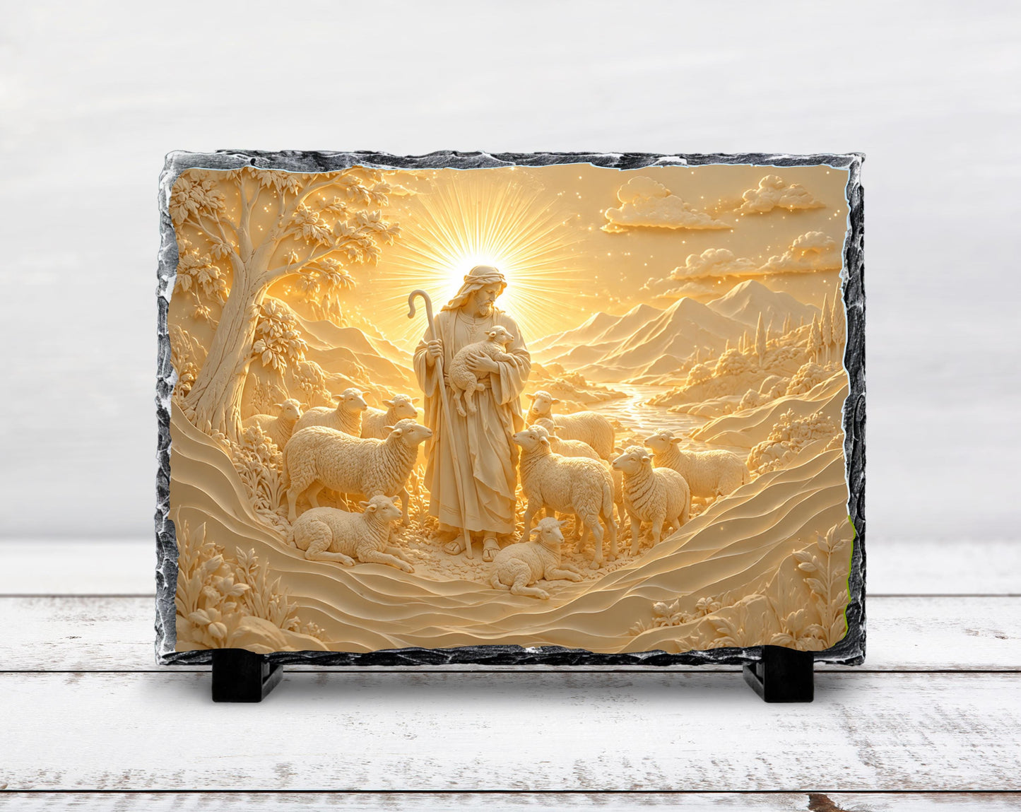 The image is a stone carving depicting a shepherd tending to his flock of sheep, with a sunlit landscape in the background.