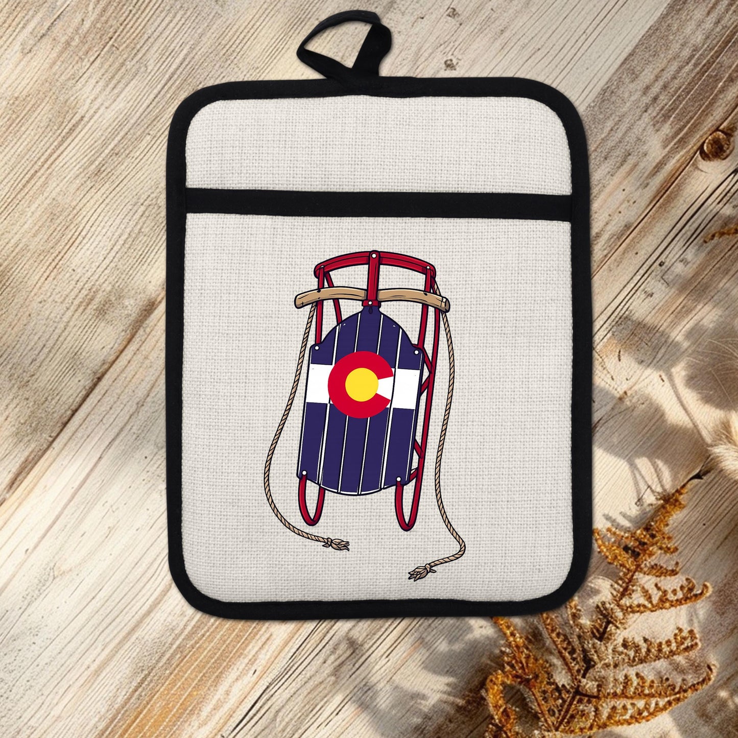 Colorado Sled Pot Holder - Linen Pot Holder with Silicone Back Trivet, Heat Resistant Oven Mitt - additional angle