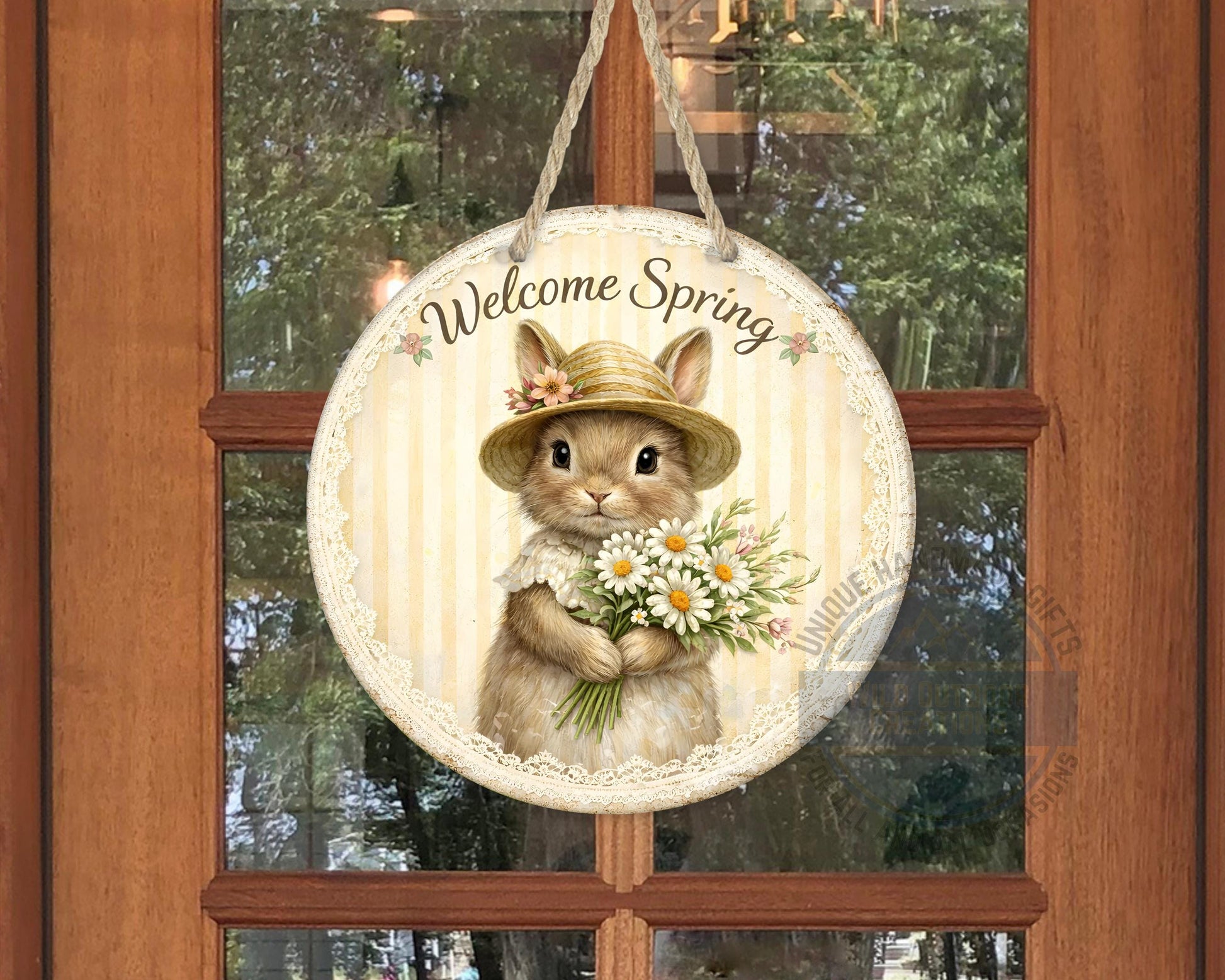 Spring Bunny Door Hanger – Floral Rabbit Wreath with Daisy Bouquet Sign - scale and size reference