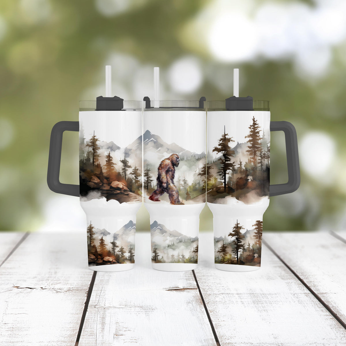 Bigfoot Tumbler, 40 Oz Handle Cup, Misty Forest Sasquatch Gift