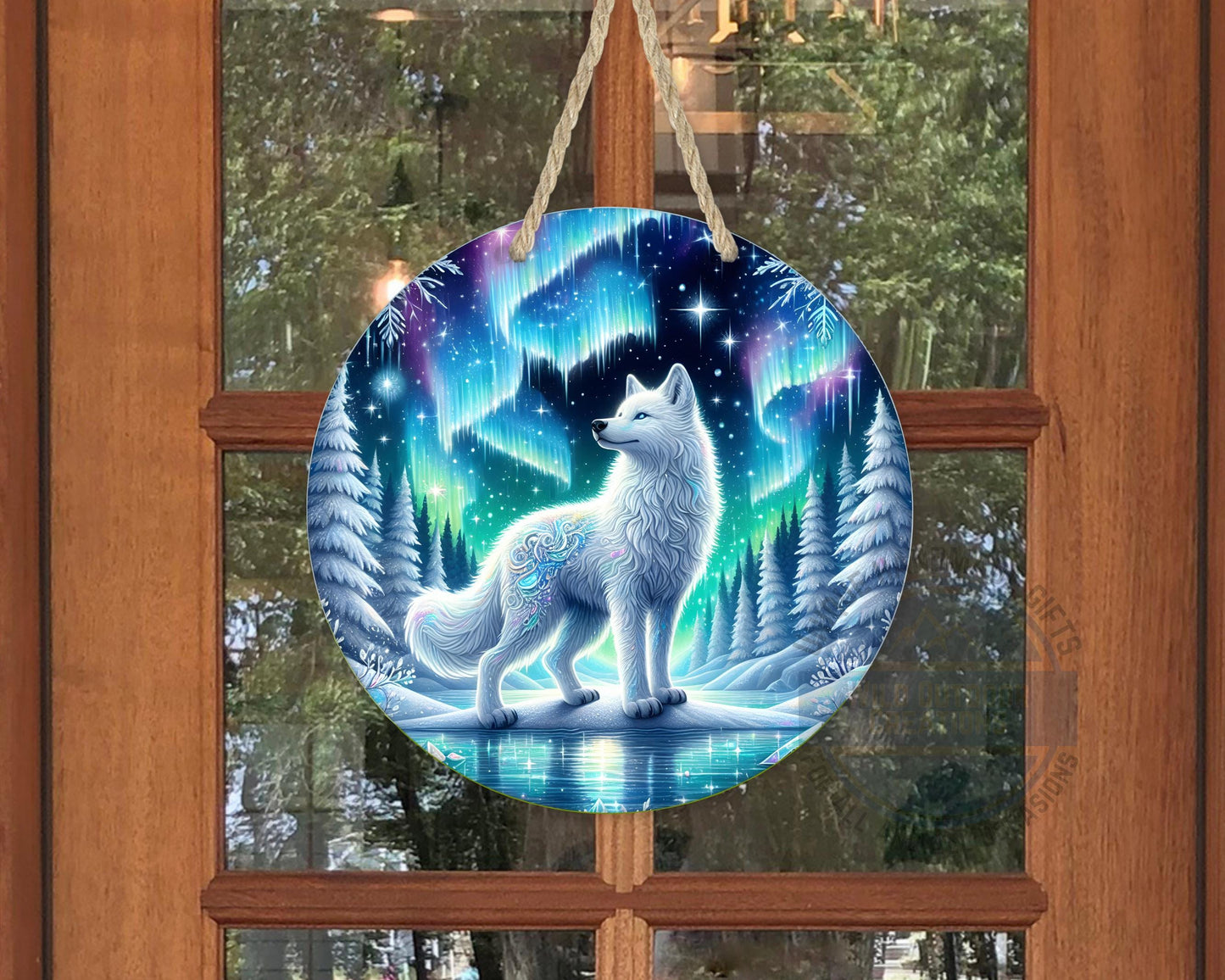 Wolf Door Hanger - Northern Lights Art | Rustic Cabin Sign, Outdoor Decor - displayed on front door